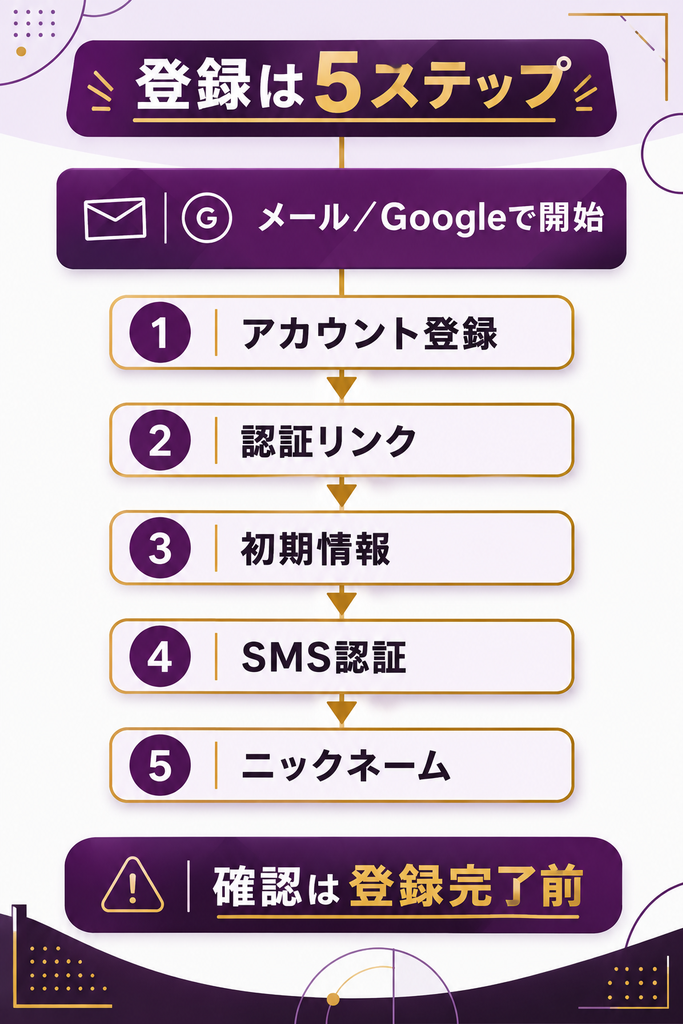 ユメオトの会員登録が5つの段階で進む流れを縦方向に整理した図解